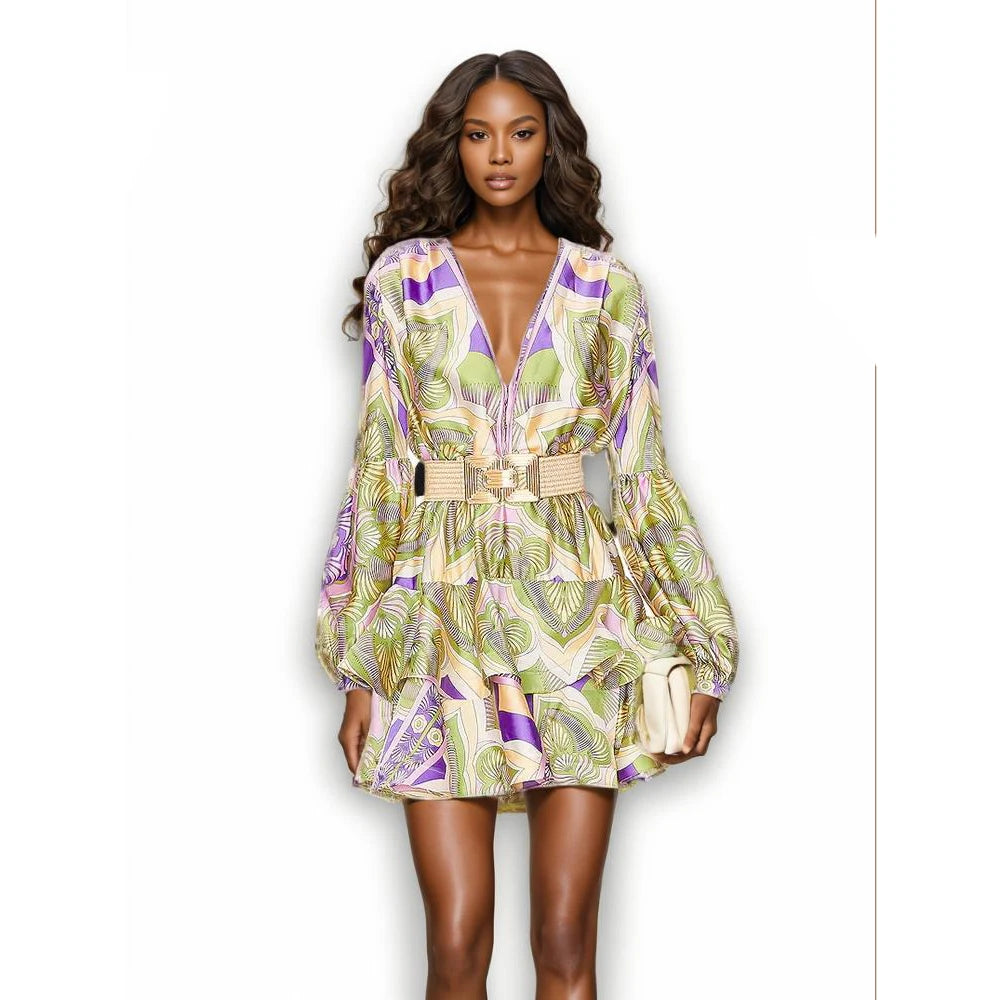 Print Mini Dresses For Women V Neck Long Sleeve High Waist Patchwork Belt Folds Hit Color Vintage Dress Female Spring