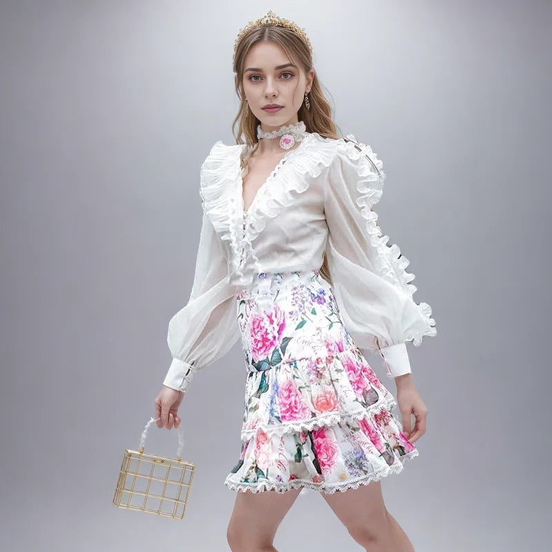 Hit Color Vintage Sets For Women V Neck long Sleeve Solid Tops High Waist Patchwork Ruffles Mini Skirt Print Set Female Fashion